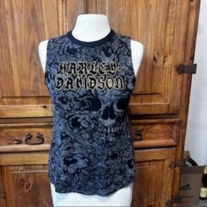 Harley-Davidson Skull Floral Muscle Tank Black Grey Sleeveless Moto Top Size M